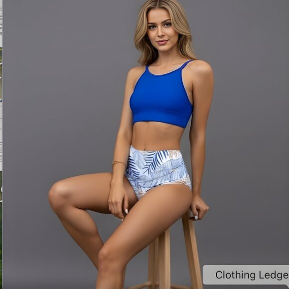 Blue  Print High Waisted 2pc Bikini Swimsuit Bathing Suit - Picture 3 of 9